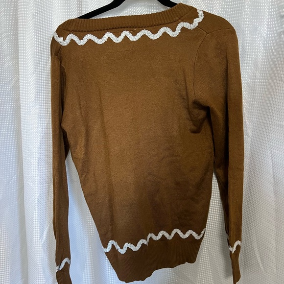 Tipsy Elves Brown V-Neck Sweater with Red and Green Accents - Picture 3 of 9